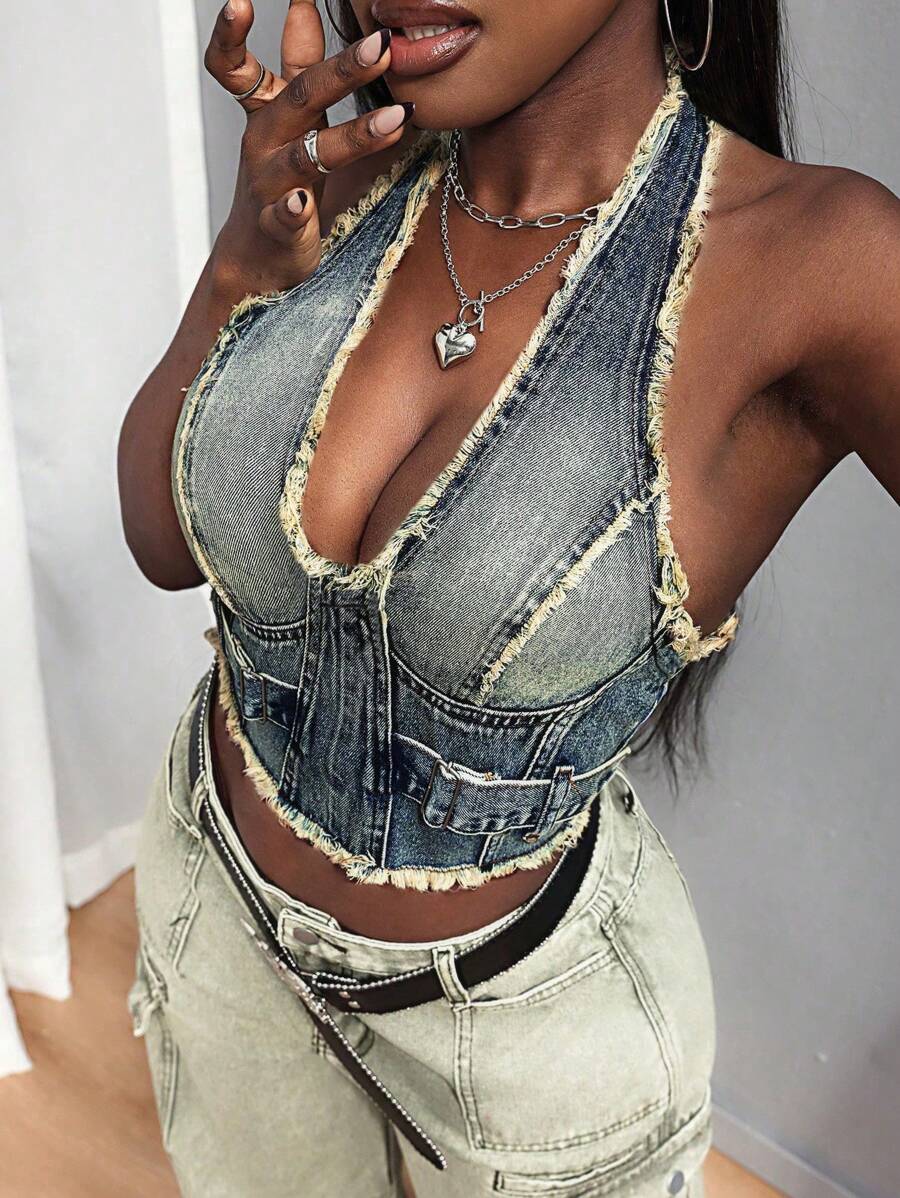 Top de tirantes vaquero Slayr para mujer con flecos, espalda descubierta y cuello halter