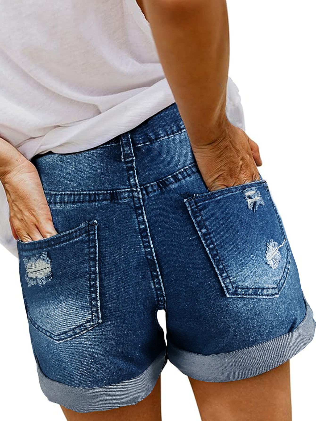 TECCULI - Pantalones cortos vaqueros rotos para mujer, informales, de verano, de cintura media, con dobladillo deshilachado y bolsillos