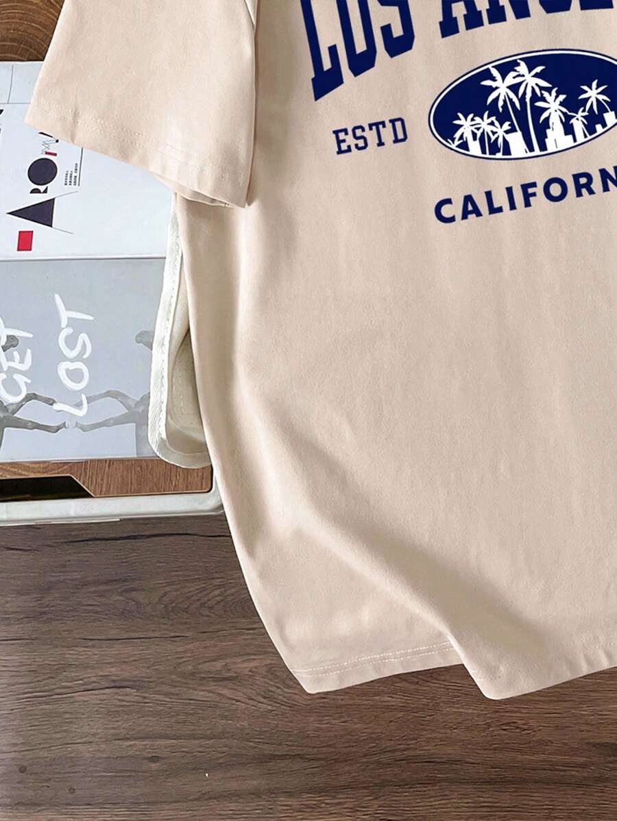 Camiseta de manga corta Manfinity Joysei Slim Fit para hombre, color caqui liso, con estampado de letras