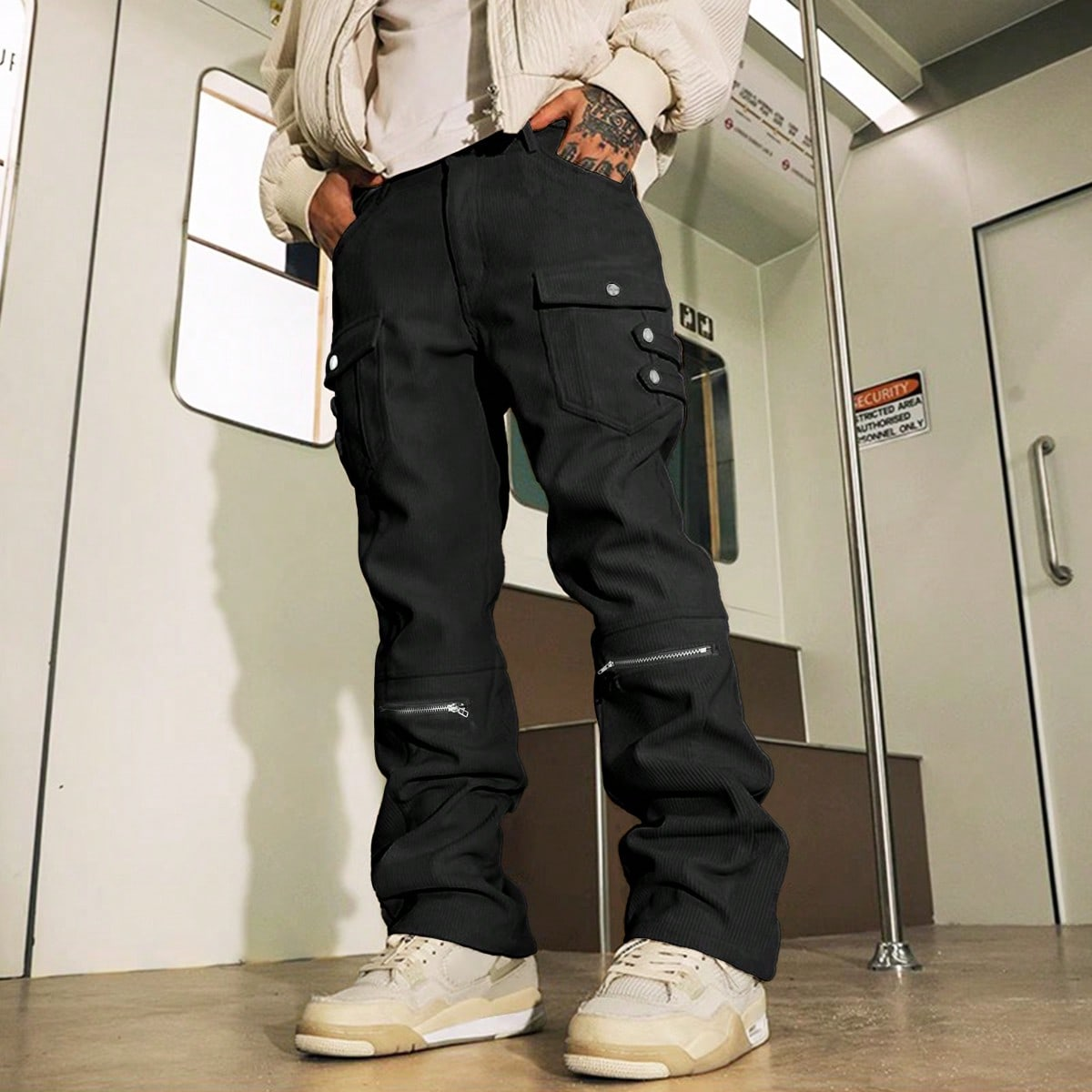 TECCULI Men'S Fashion Solid Color Mid Waist Regular Fit Street Style Non-Stretch Pants, Adjustable Zipper Cuff, Multiple Pockets, Deconstructed Stitching, Metal Accessories, Slim Fit, for Outdoor Camping, Hiking, Skateboarding, Daily W