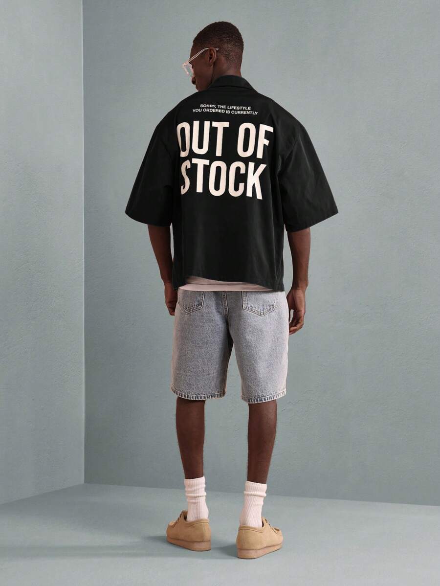 Camisa SUMWON moderna con botones y estampado de mensaje de estilo de vida, estilo urbano, informal, de manga corta, estilo urbano contemporáneo, para verano y otoño.