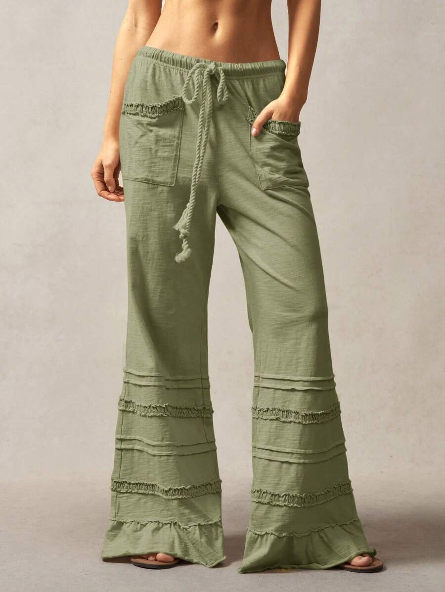 Pantalones de punto acampanados de cintura alta de color liso estilo bohemio Bohemela, primavera-verano