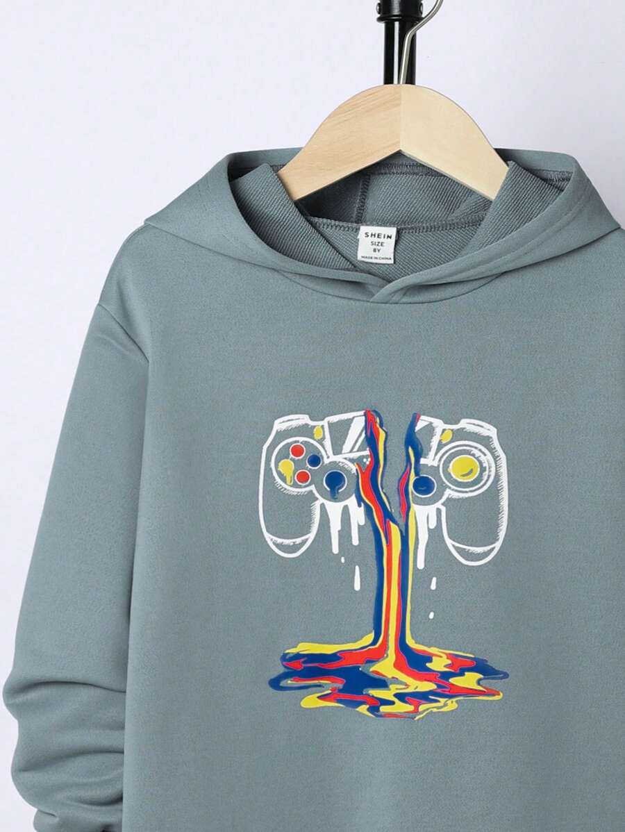 Sudadera con capucha y hombros caídos con estampado de gamepad para niño preadolescente