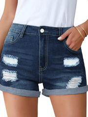 TECCULI DAZY Shorts vaqueros desgastados con lavado medio, estilo cruzado sexy, largo corto, primavera-verano