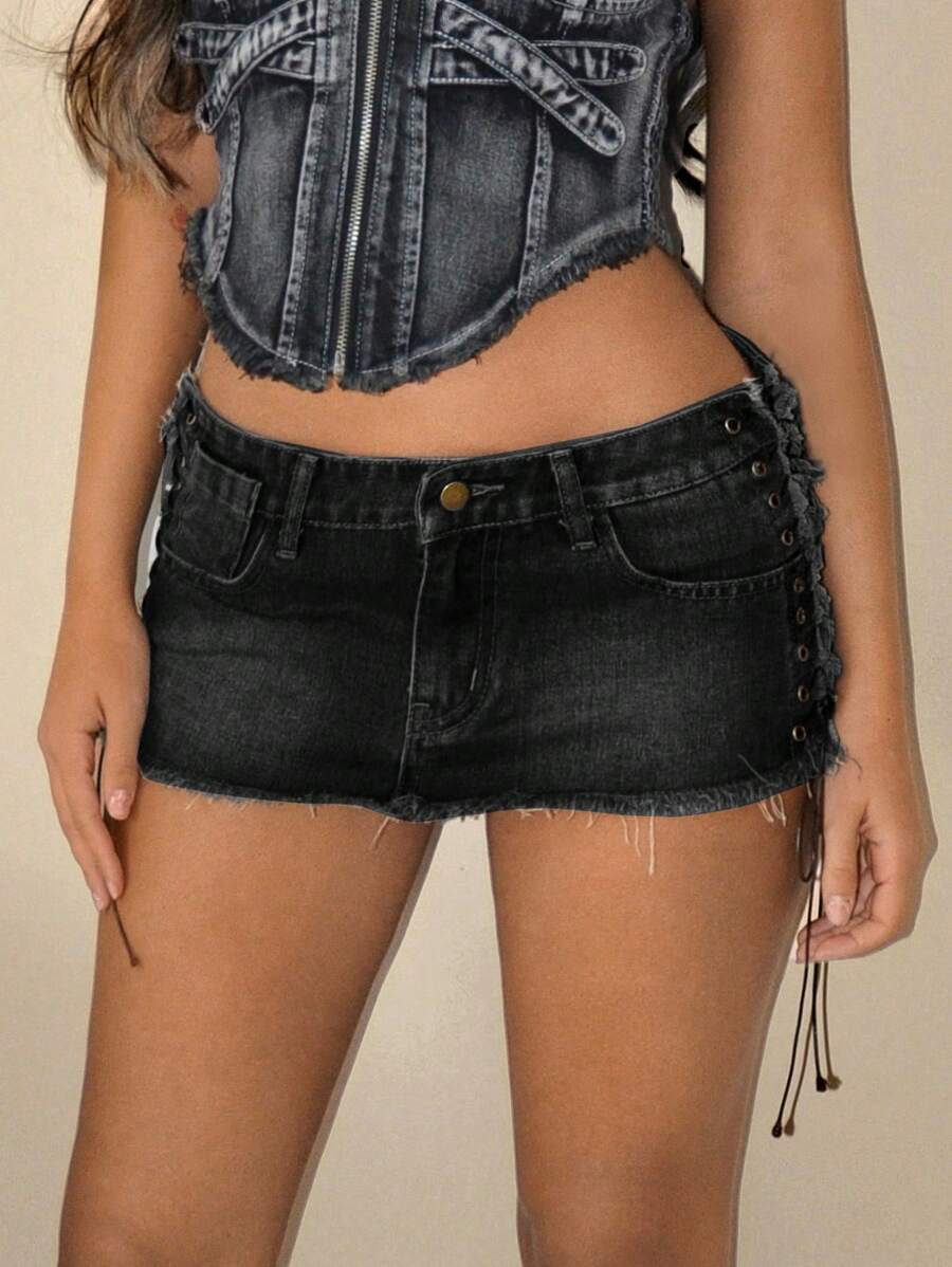 Falda vaquera corta ultracorta con lazo, estilo sexy, estilo años 2000, para mujer