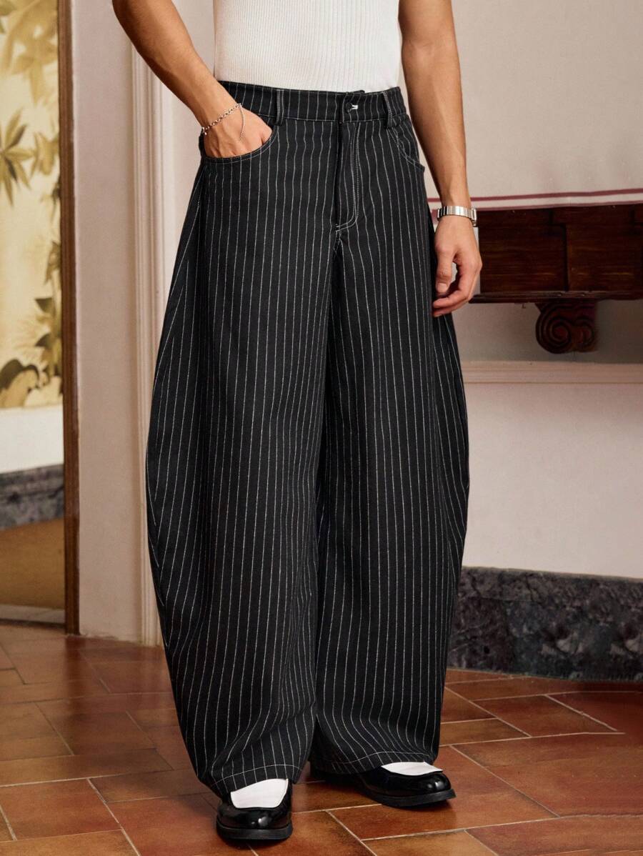 Pantalones holgados SWAVVY informales de gran tamaño con rayas azules y letras 3D bordadas para hombre, ideales para el verano y la escuela.