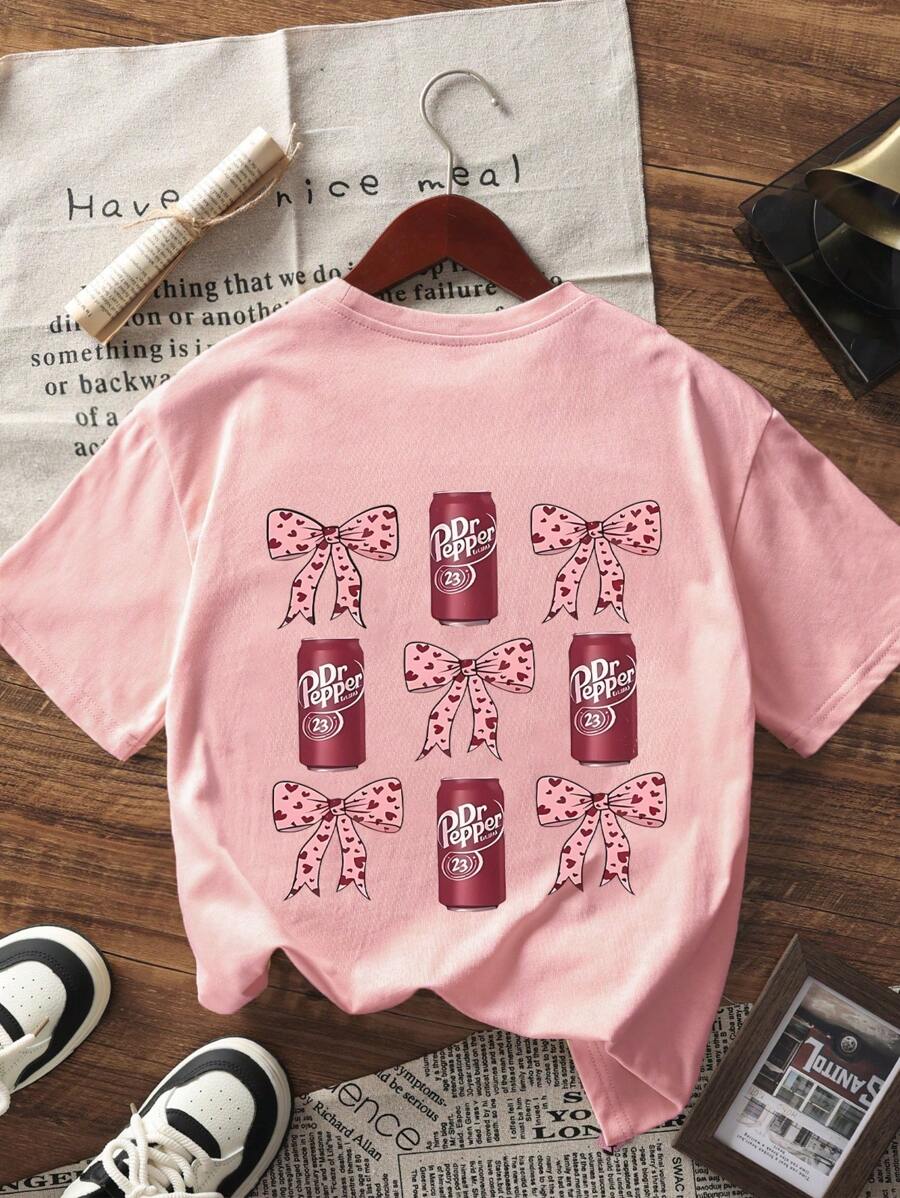 Camiseta de manga corta con estampado de lazo para niña, cómoda y moderna, ideal para estudiantes y jóvenes.