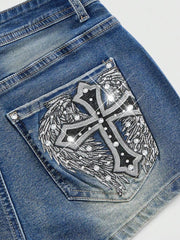 ROMWE Pantalones cortos vaqueros con bordado de cruz y diamantes de imitación para mujer, estilo grunge punk, estilo Gyaru, estilo retro de verano, para la escuela