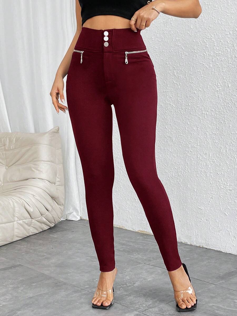 Pantalones casuales ajustados de cintura alta con cremallera y botones frontales de color liso para mujer de Firerie