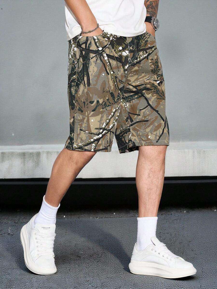 Pantalones cortos vaqueros holgados Manfinity LEGND para hombre, estilo casual, con estampado de ramas de árbol, camuflaje verde, ideal como regalo para esposo o novio.