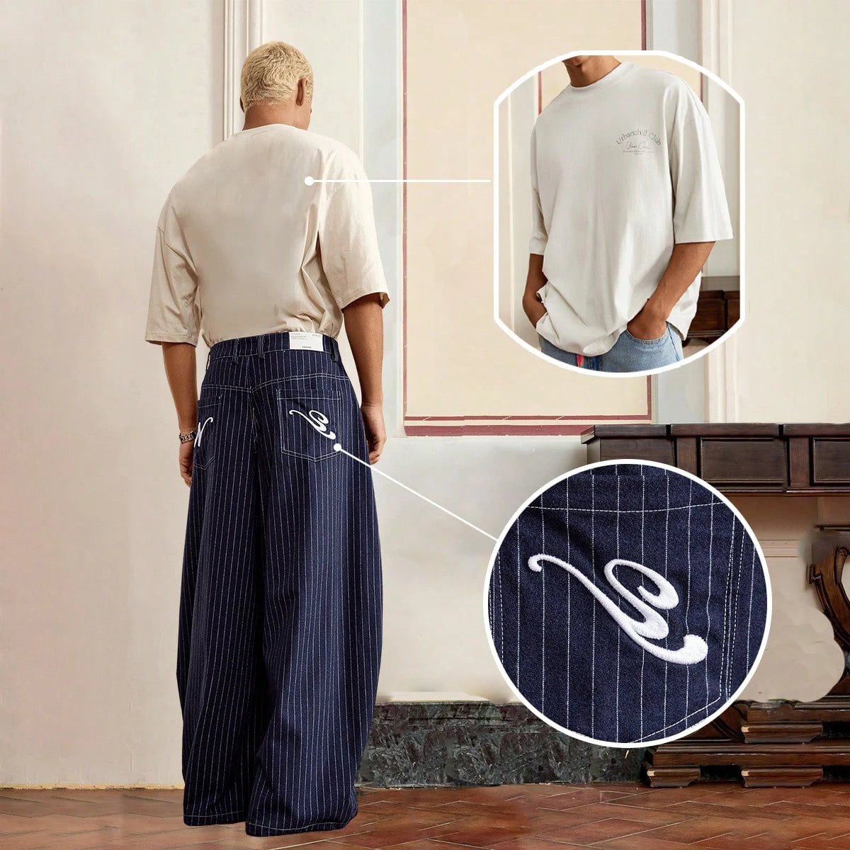 Pantalones holgados SWAVVY informales de gran tamaño con rayas azules y letras 3D bordadas para hombre, ideales para el verano y la escuela.