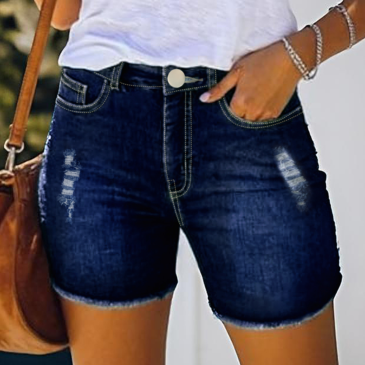 TECCULI - Pantalones cortos vaqueros de verano para mujer, sexys, rotos, informales, de calle, con dobladillo desgastado