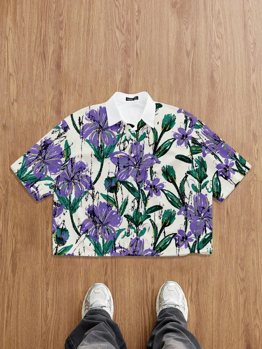 Camisa casual de manga corta con estampado floral para hombre de Manfinity Joysei, top corto para hombre, top floral para hombre, top estampado de gran tamaño para hombre