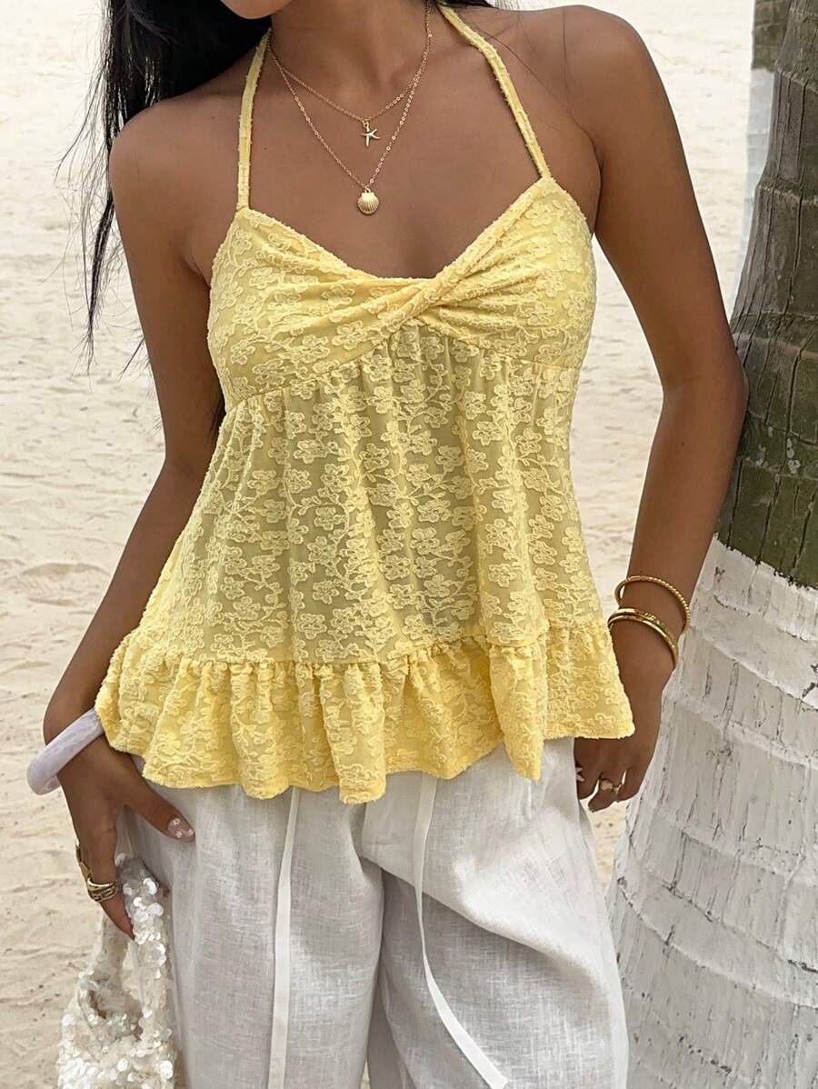 Camiseta sin mangas Sunnyshic de color liso con cuello halter para mujer, moderna para el verano
