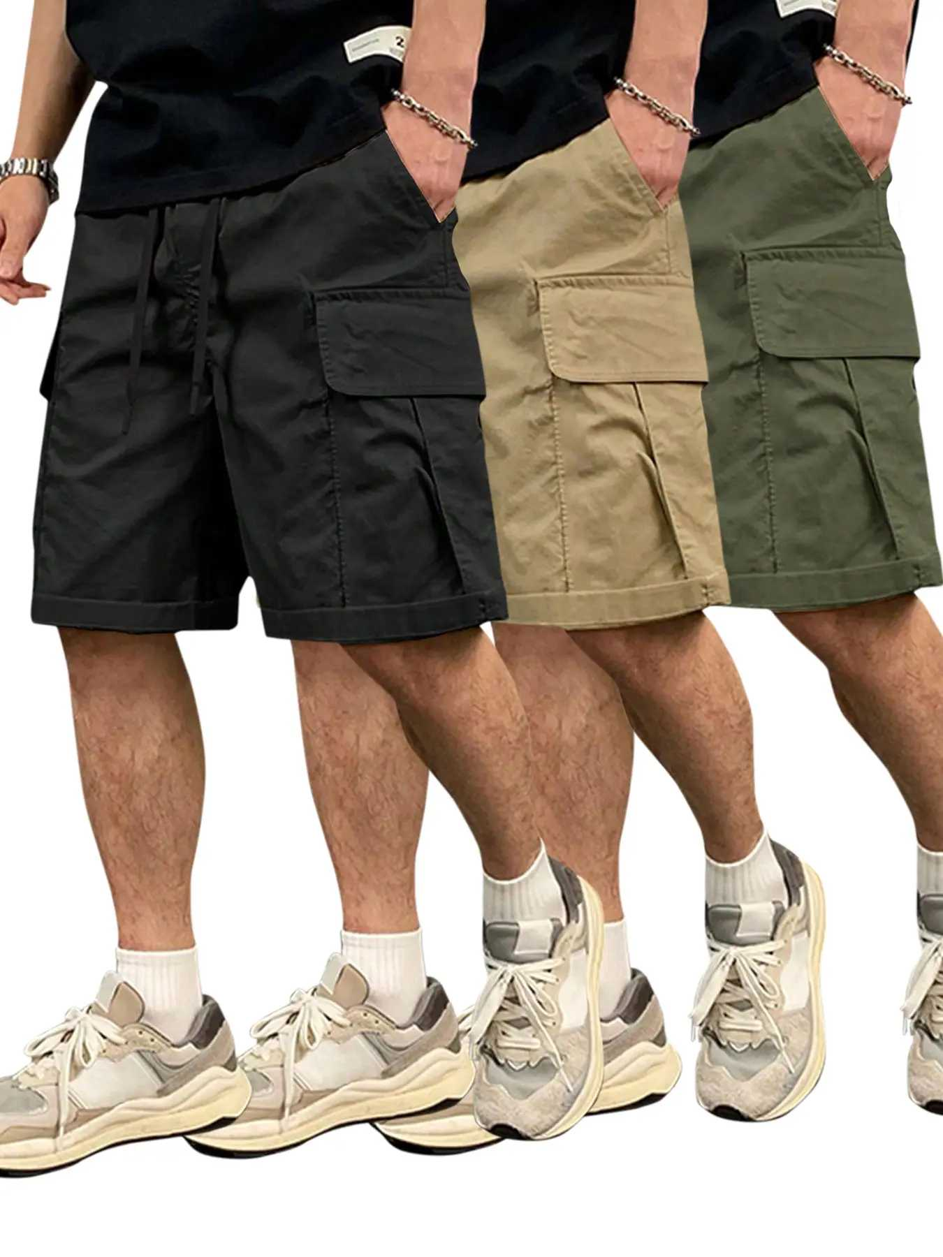 TECCULI Men's Casual Cargo Shorts with Multiple Utility Pockets - Loose Fit Elastic Waistband, Durable Non-Stretch Fabric, Solid Color for Outdoor & Casual Attire