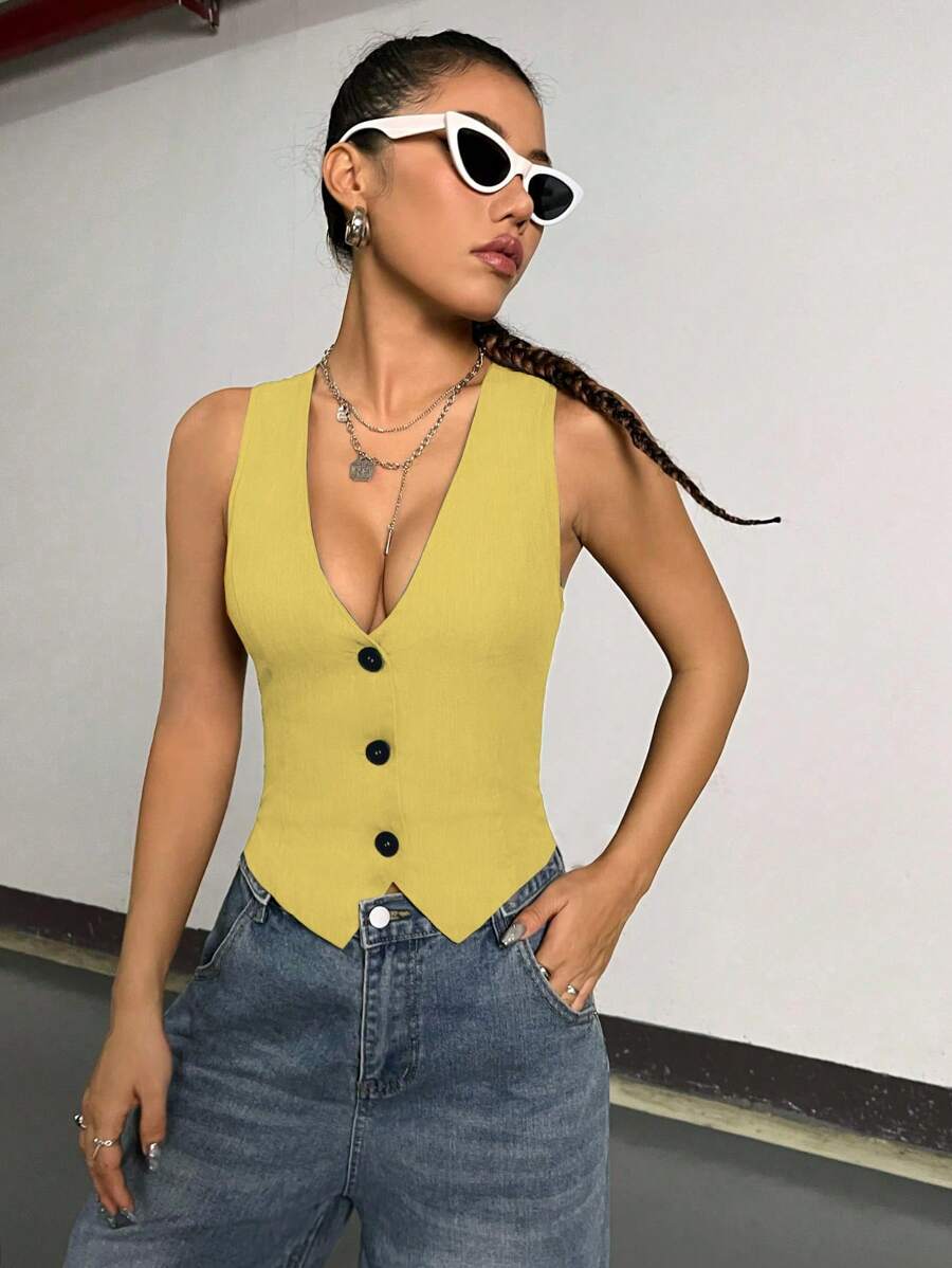 Chaqueta blazer fina sin mangas con botones delanteros y escote en V liso para mujer de StreetHx, 1 pieza