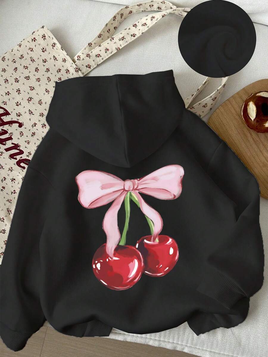 Sudadera con capucha informal de manga larga con estampado de cerezas para niñas preadolescentes, ideal para otoño e invierno.