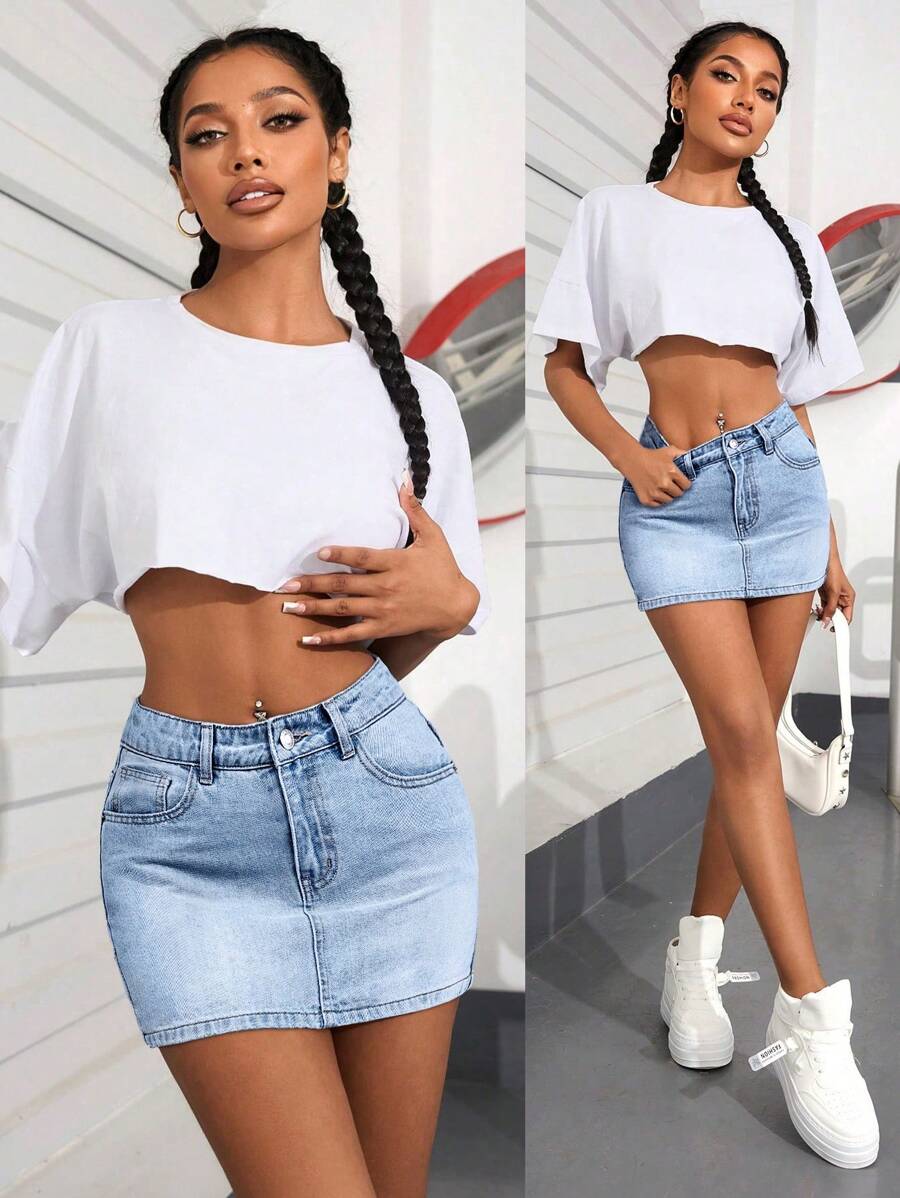 Minifalda vaquera informal y versátil con bolsillos para mujer PETITE