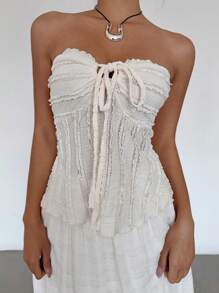 Siren Gaze - Top texturizado con volantes, lazo frontal y hombros descubiertos de color liso para mujer, atuendo para concierto, atuendos para rave, atuendo para festival, atuendo para concierto country, verano