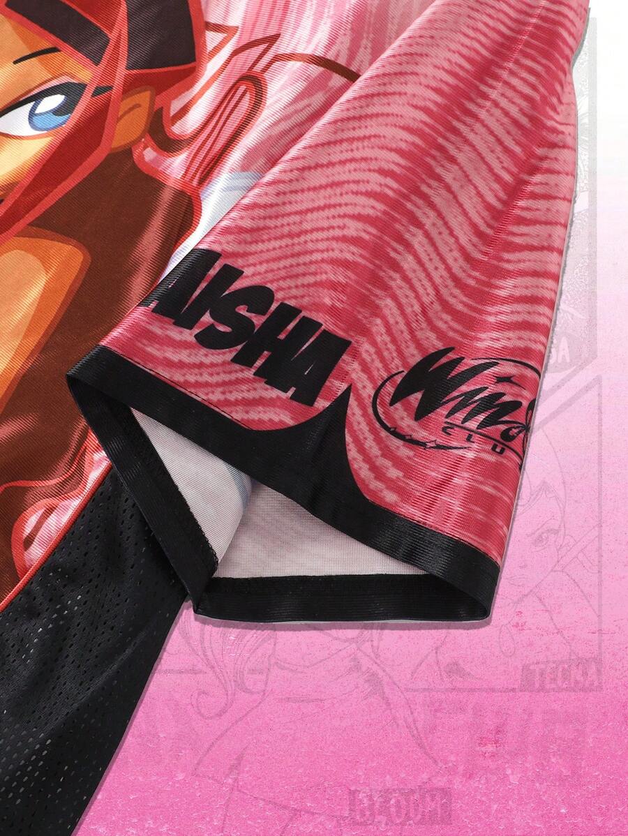 ROMWE MEN Winx Club X ROMWE - Camiseta deportiva de manga corta con diseño de anime y bloques de color, malla y gráfico, para hombre