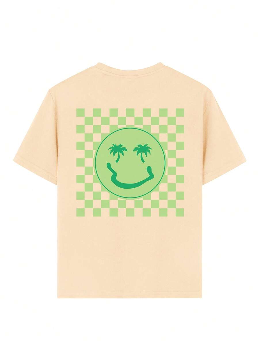 Camiseta de manga corta con estampado de palmera y cara sonriente para niño preadolescente, ideal para jugar en la playa.