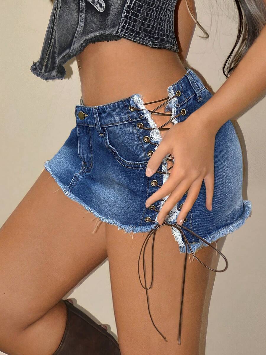Falda vaquera corta ultracorta con lazo, estilo sexy, estilo años 2000, para mujer