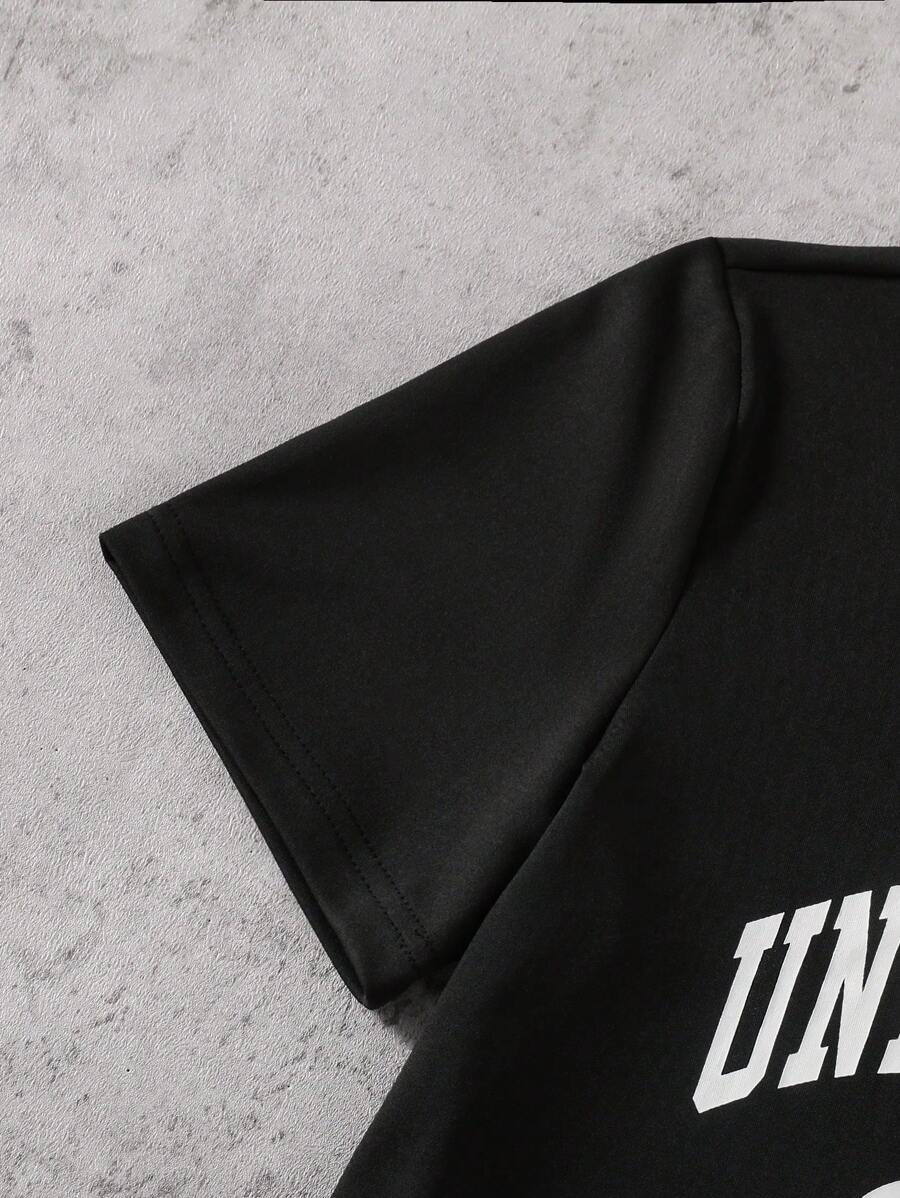 Conjunto informal de 2 piezas para niño: camiseta holgada de manga corta con estampado de letras y pantalones cortos deportivos holgados con estampado de arce, verano
