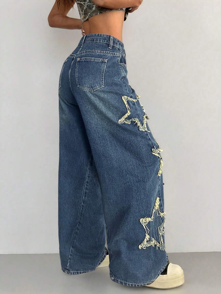 Vaqueros lavados Coolane para mujer, estilo rapero, estilo deportivo, estilo grunge con estampado de estrellas