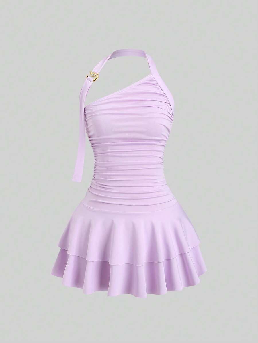 Sweetra - Nuevo collar colgante en espiral dorado con diseño de joyería, minivestido escalonado adelgazante con cintura para mujer