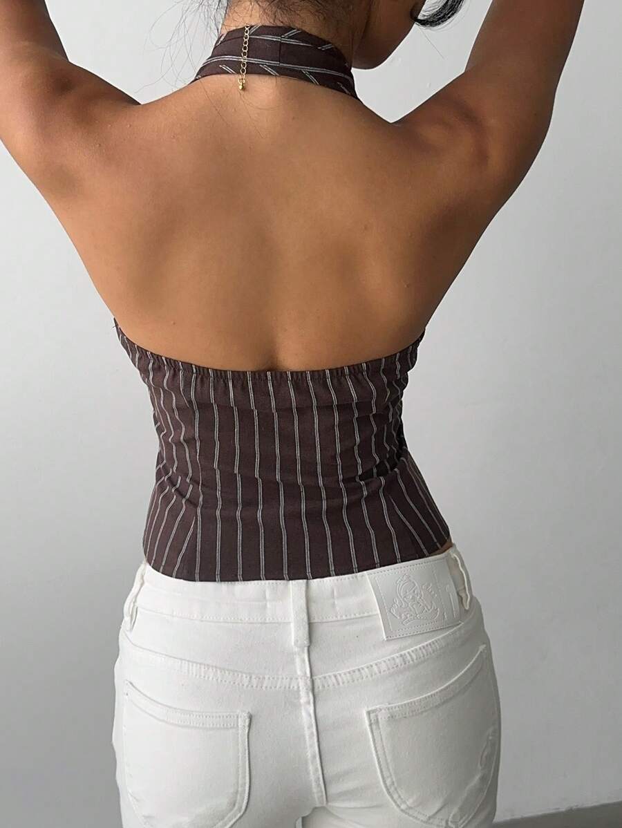 Blazer fino Aloruh de algodón a rayas con cuello alto y botonadura sencilla para mujer
