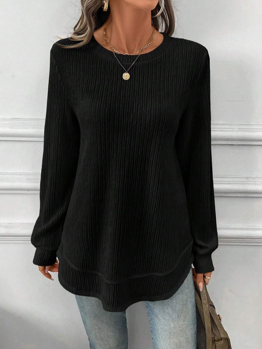 Sudadera LUNE de cuello redondo, dobladillo asimétrico, tejido con textura de gofre, silueta básica, informal y cómoda, para mujer, tops de manga larga