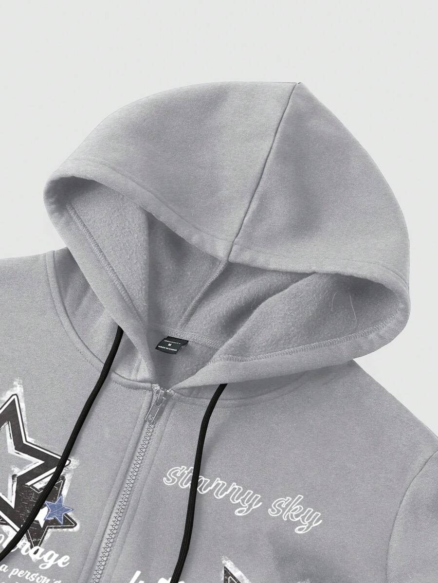 Sudadera con capucha informal Manfinity EMRG para hombre con estampado de eslogan y pentagrama, hombros caídos, manga larga, cuello con cremallera, otoño-invierno