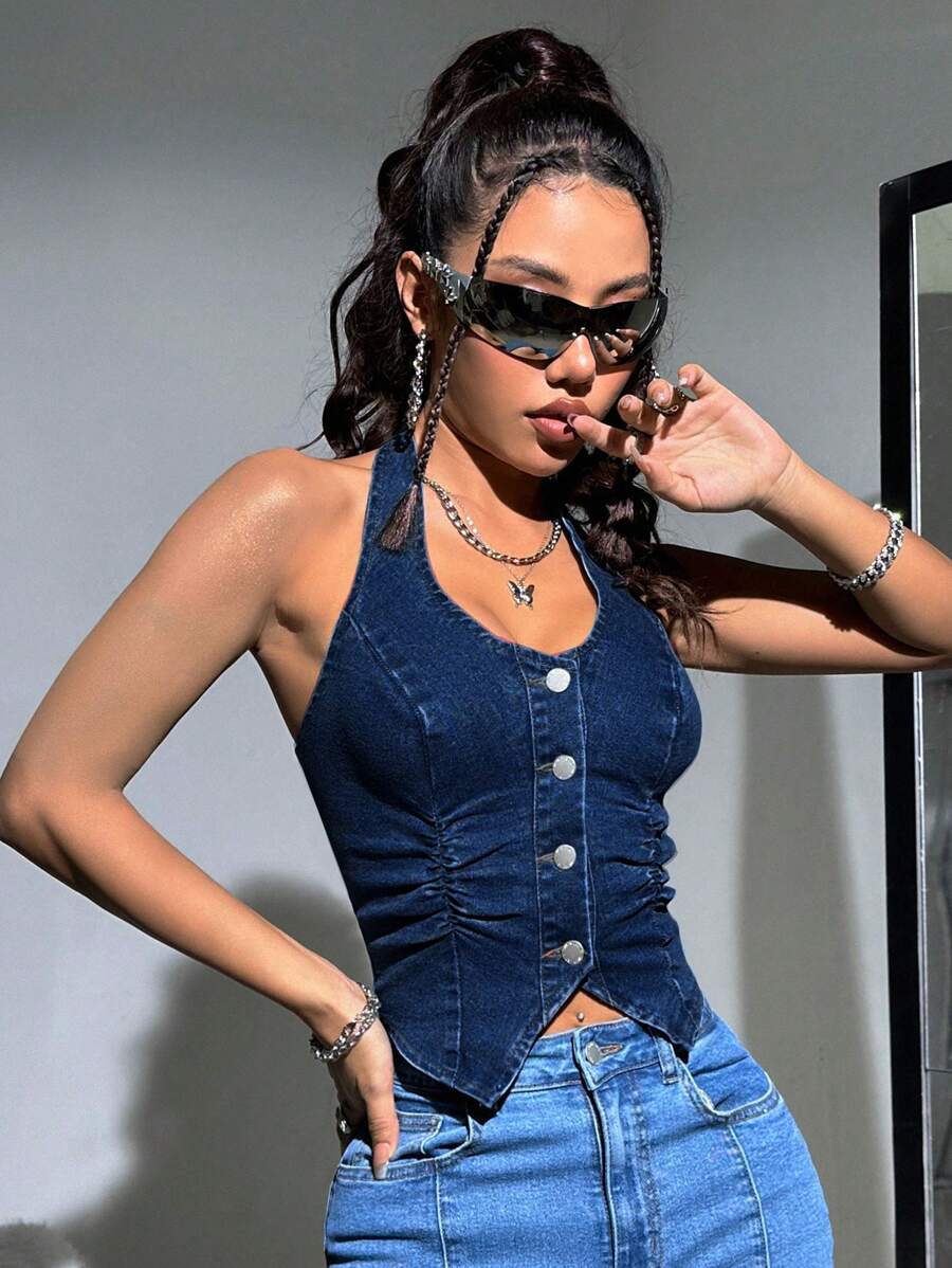 Top corto de mezclilla ajustado con elástico azul Y2K, cuello halter, sin espalda y con tirantes finos ICON