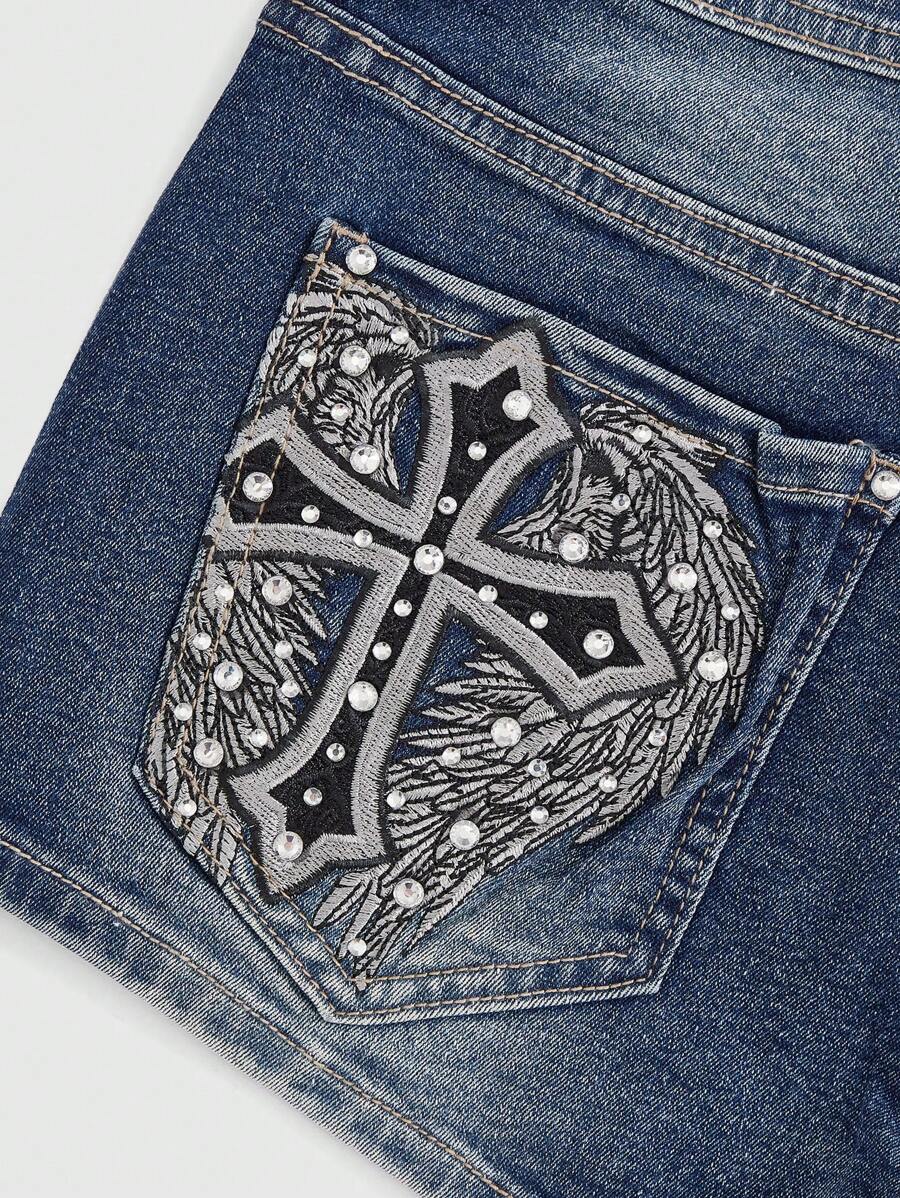 ROMWE Pantalones cortos vaqueros con bordado de cruz y diamantes de imitación para mujer, estilo grunge punk, estilo Gyaru, estilo retro de verano, para la escuela