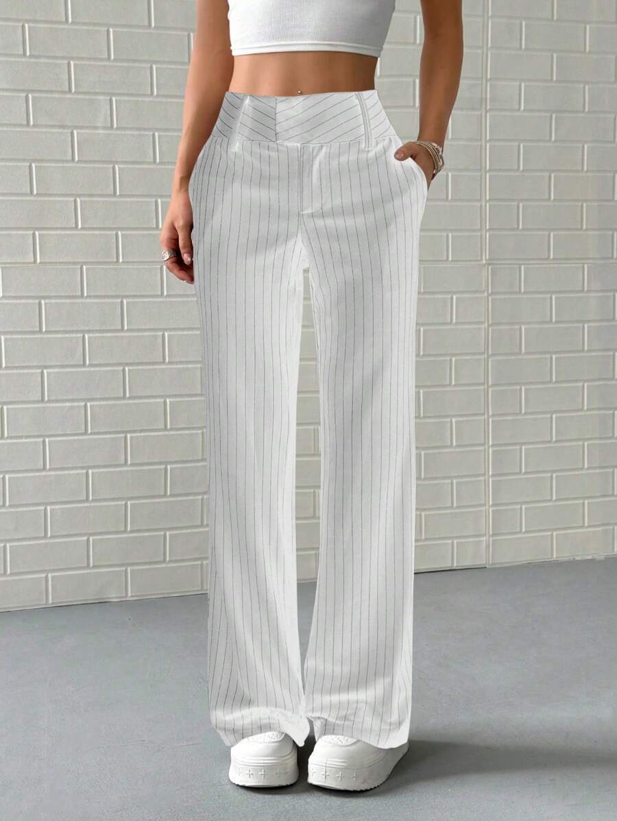 Pantalón de traje a rayas de cintura baja para mujer, elástico, con bolsillos laterales, para primavera y otoño.