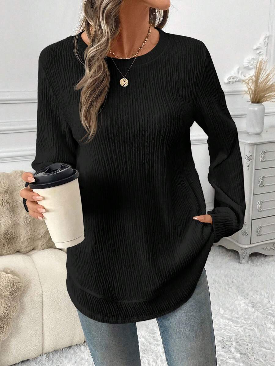 Sudadera LUNE de cuello redondo, dobladillo asimétrico, tejido con textura de gofre, silueta básica, informal y cómoda, para mujer, tops de manga larga