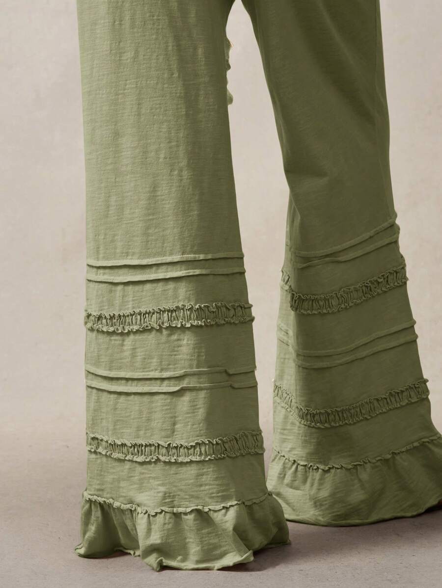 Pantalones de punto acampanados de cintura alta de color liso estilo bohemio Bohemela, primavera-verano