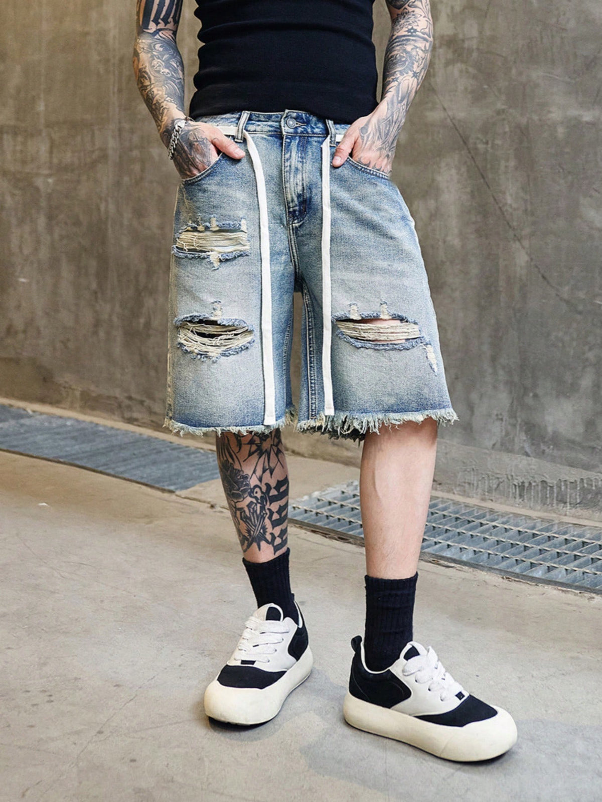 Pantalones cortos vaqueros desgastados, holgados y deshilachados de verano para hombre