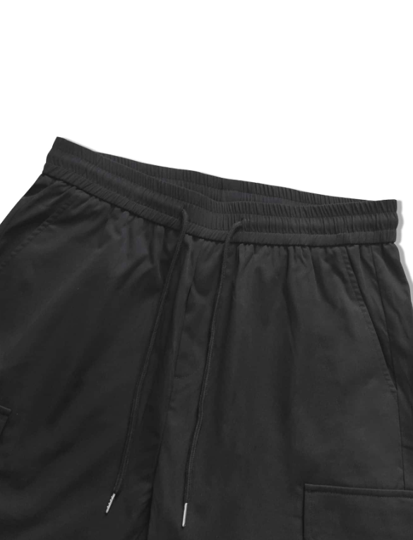 Pantalones cargo TECCULI holgados con múltiples bolsillos para hombre, diseño de cordón de color sólido para actividades al aire libre, tela elástica de poliéster negro.