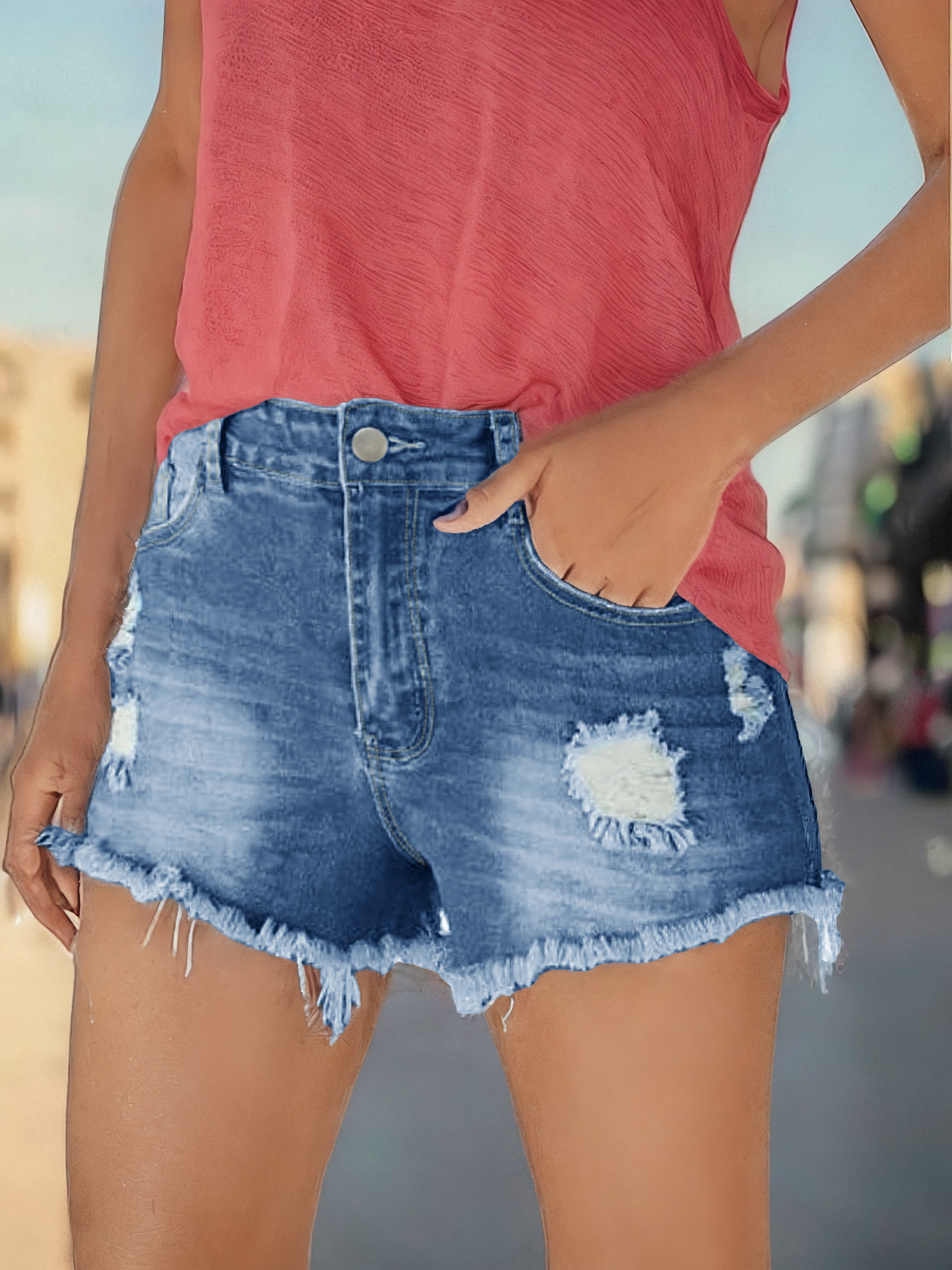 TECCULI 2025 Verano Nuevos Pantalones Cortos de Mezclilla de Corte Ajustado para Mujer Estilo Urbano Detalles de Corte de Flecos Cintura Elástica Transpirable Cómodo