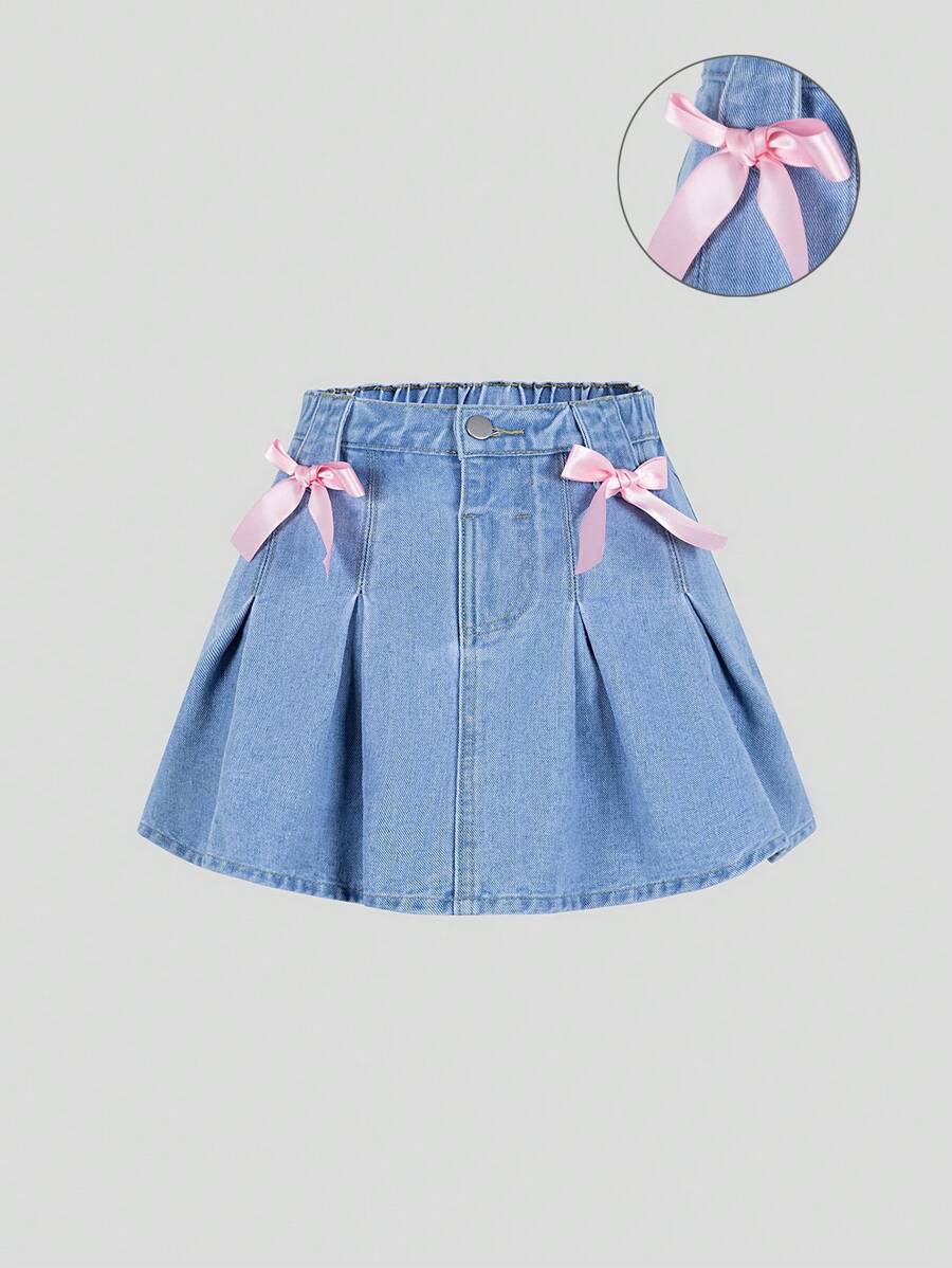 Falda vaquera lavada plisada azul claro, informal, versátil y de moda para niñas preadolescentes con lazo rosa