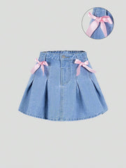 Falda vaquera lavada plisada azul claro, informal, versátil y de moda para niñas preadolescentes con lazo rosa