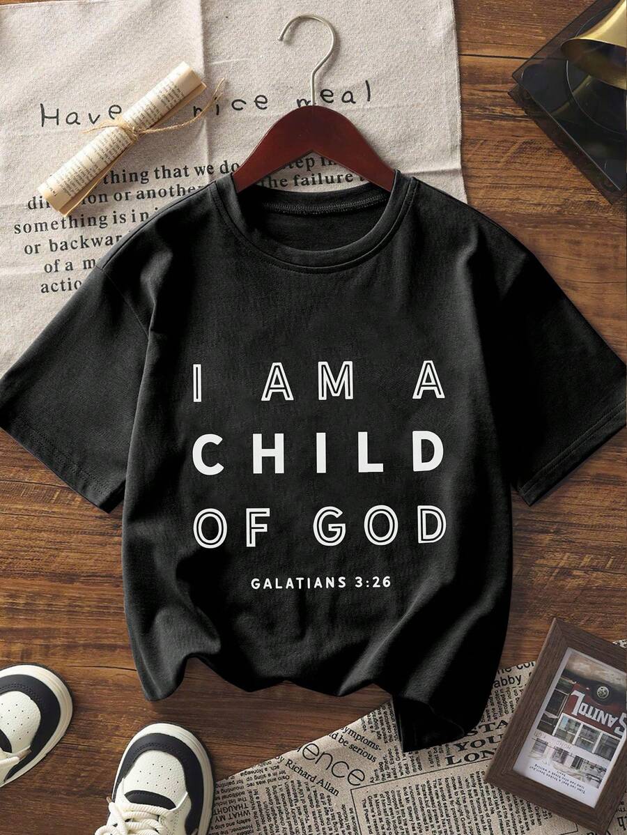 Camiseta informal de manga corta con cuello redondo y estampado de letras azules para niño preadolescente, verano