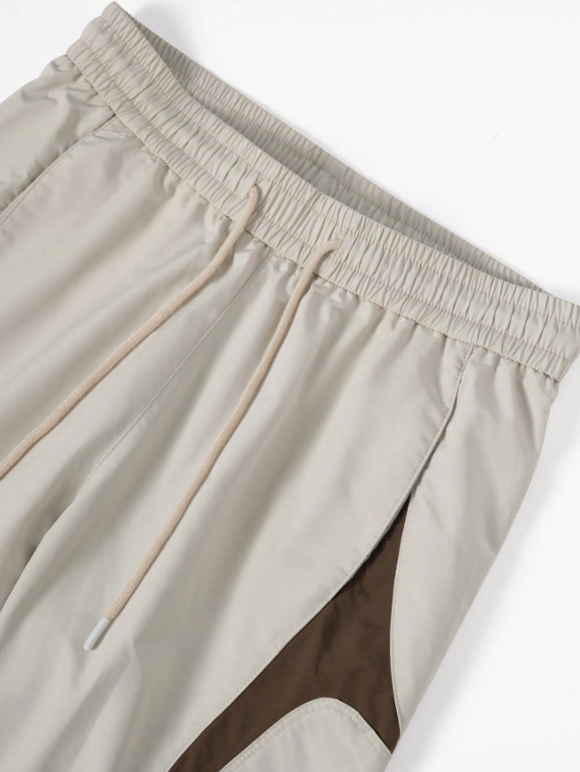 TECCULI Men's Lightweight Color Block Cargo Pants - Breathable, Loose Fit with Drawstring Ankles, Multiple Pockets, Beige & Brown Design for Casual Streetwear, Spring & Summer Collection, Outdoor Travel Pants, Breathable Fabric Menswea