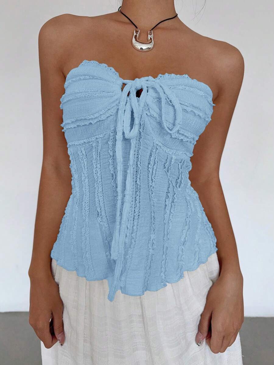 Siren Gaze - Top texturizado con volantes, lazo frontal y hombros descubiertos de color liso para mujer, atuendo para concierto, atuendos para rave, atuendo para festival, atuendo para concierto country, verano