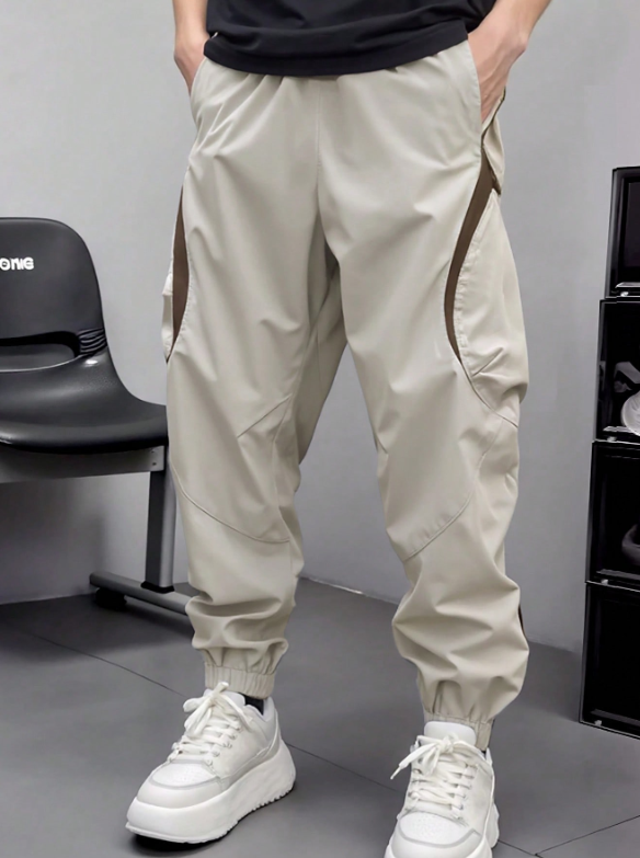 TECCULI Men's Lightweight Color Block Cargo Pants - Breathable, Loose Fit with Drawstring Ankles, Multiple Pockets, Beige & Brown Design for Casual Streetwear, Spring & Summer Collection, Outdoor Travel Pants, Breathable Fabric Menswea