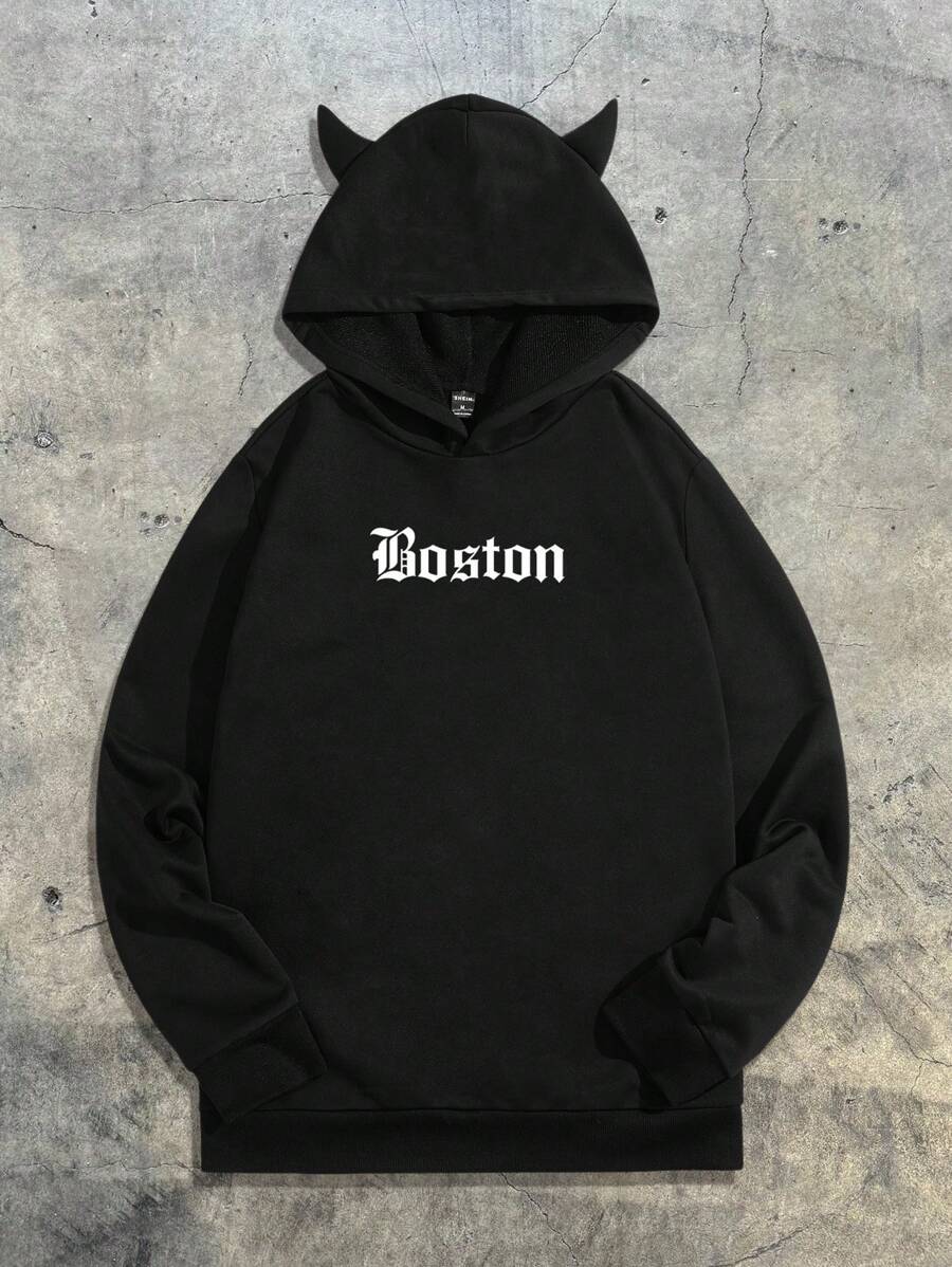 Sudadera de punto con capucha y estampado de letras Boston para hombre de AXEPEAK, ideal para primavera y otoño, sudadera de manga larga estilo rapero para salir, estilo urbano.