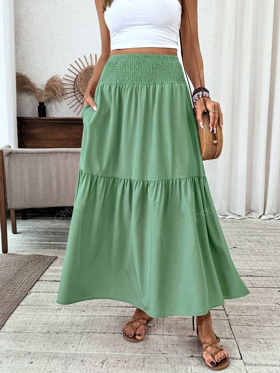 Falda larga informal con estampado floral diminuto para mujer, cintura elástica, bolsillos y bajo con volantes, corte A para verano