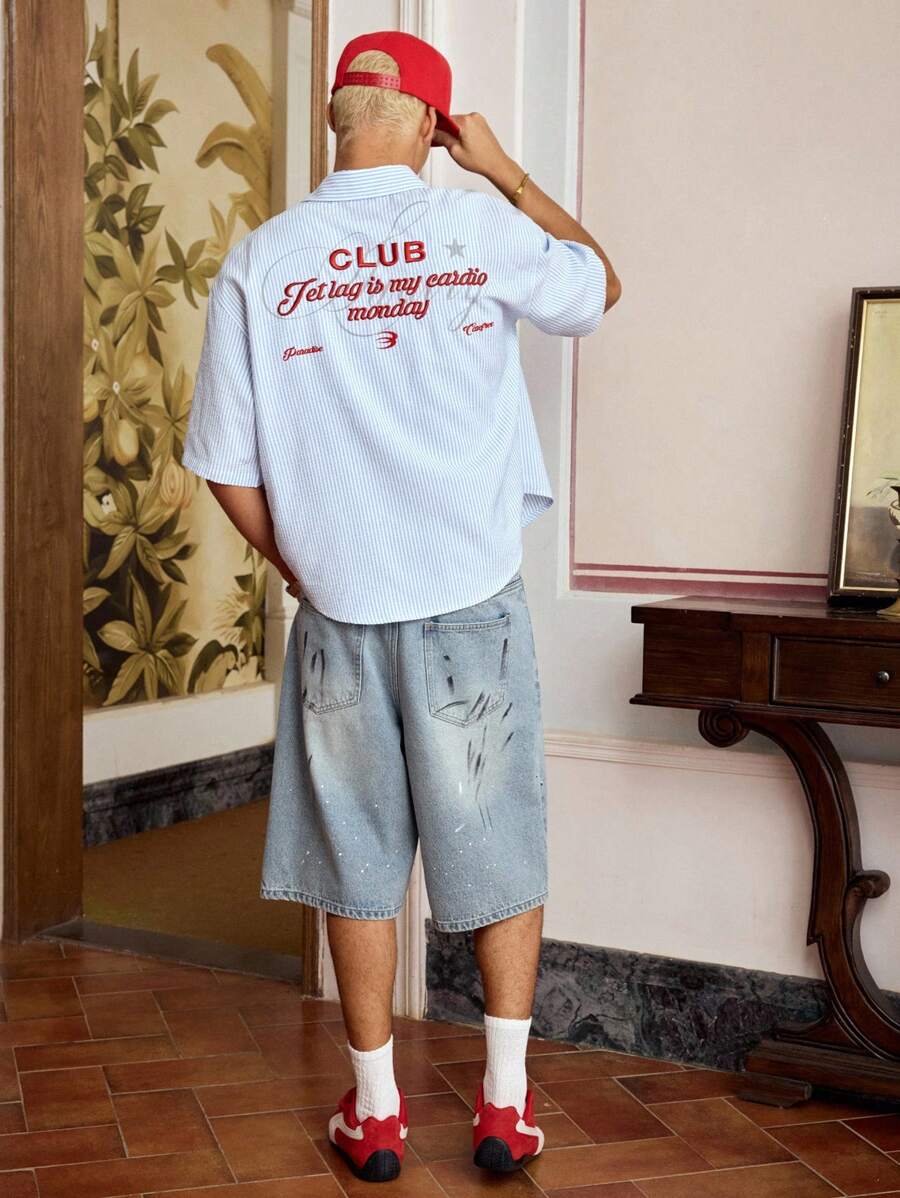 SWAVVY - Pantalones cortos casuales de rayas rojas y blancas de talla estándar para hombre, con camisa bordada holgada, para la escuela