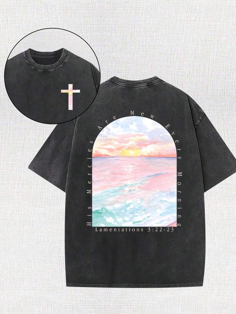Con una camiseta lavada en la calle retro, su amabilidad es nueva. Estampado de cruz rosa de playa, ropa sencilla, estampado inspirador, ropa personalizada.